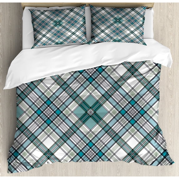 Checkered Duvet Cover Set, Vintage Fashion English Country Style with Modern Look in Soft Colors, Decorative 3 Piece Bedding Set with 2 Pillow Shams, Queen Size, Aqua Pale Grey White, by Ambesonne