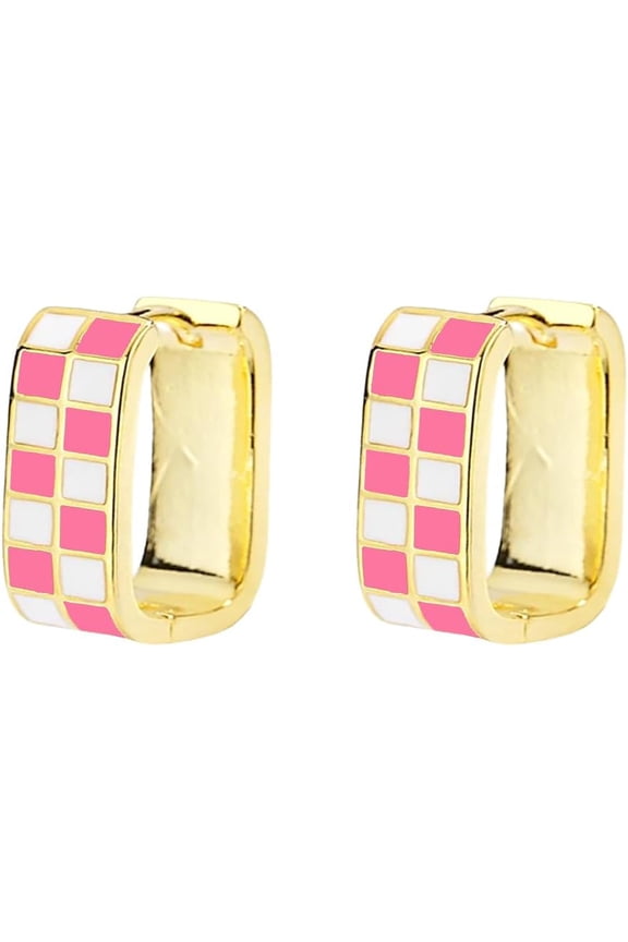 Checkered Earring For Women, Dainty Oval Checker Chunky Hoop Earrings, 18K Gold Plated Filled Enamel Checker Hoop Earrings, Hypoallergenic Fashion Trendy Jewelry Gifts[Z1]