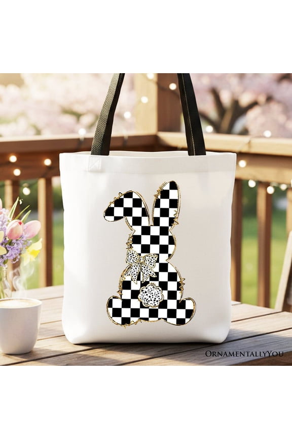 Checkered Easter Bunny Coquette Tote Bag, Stylish Spring Gift Shopper