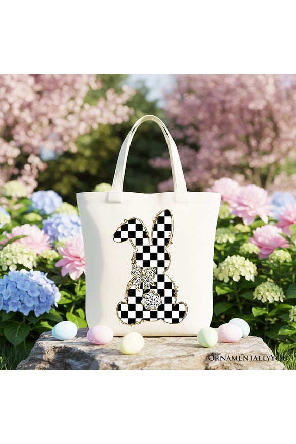 Checkered Easter Bunny Coquette Tote Bag, Stylish Spring Gift Shopper