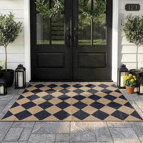 Checkered Easy Jute 3x5 Entryway Front Porch Rug, Black Diamond Indoor Outdoor Patio Layering Rug, Washable Farmhouse Neutral Non Slip Non Shedding Door Carpet for Backyard Blacony