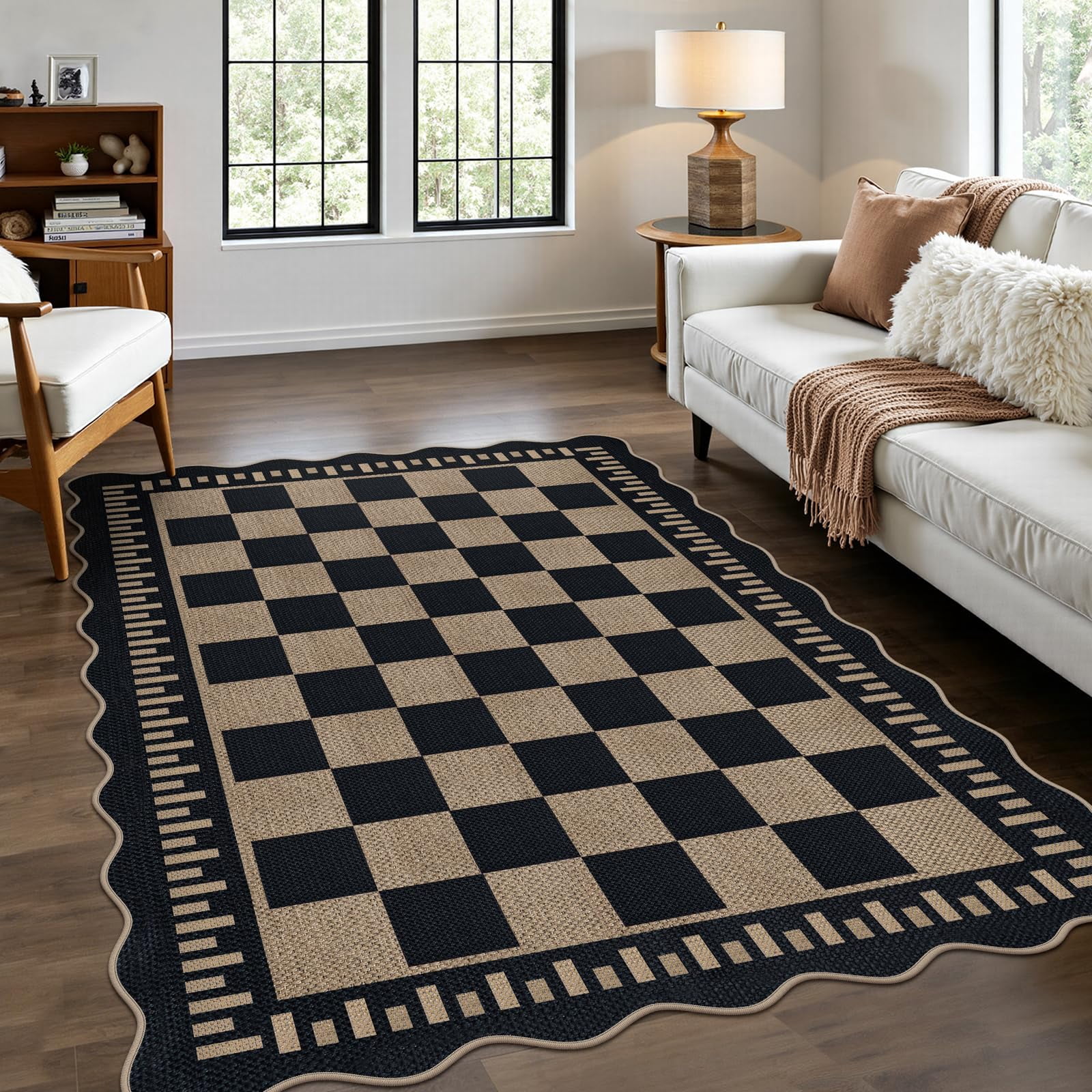 Checkered Easy Jute 4x6 Outdoor Patio Rug Washable Indoor Black Kitchen ...