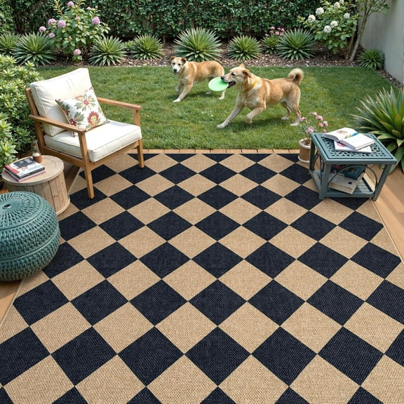 Checkered Easy Jute 5x7 Area Rugs, Washable Outdoor Rug for Living Room Diamond Indoor Outdoor Carpet, Farmhouse Geometric Non Slip Black Carpet for Backyard Dining Room