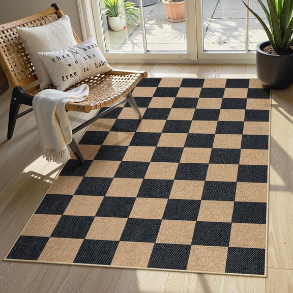 Checkered Easy Jute Carpet, 3x5 Outdoor Patio Rug Washable Rugs for Entryway Checkerboard Indoor Outdoor Living Room Classroom Carpet, Farmhouse Neutral Non Slip Black Door Mat for Bedroom
