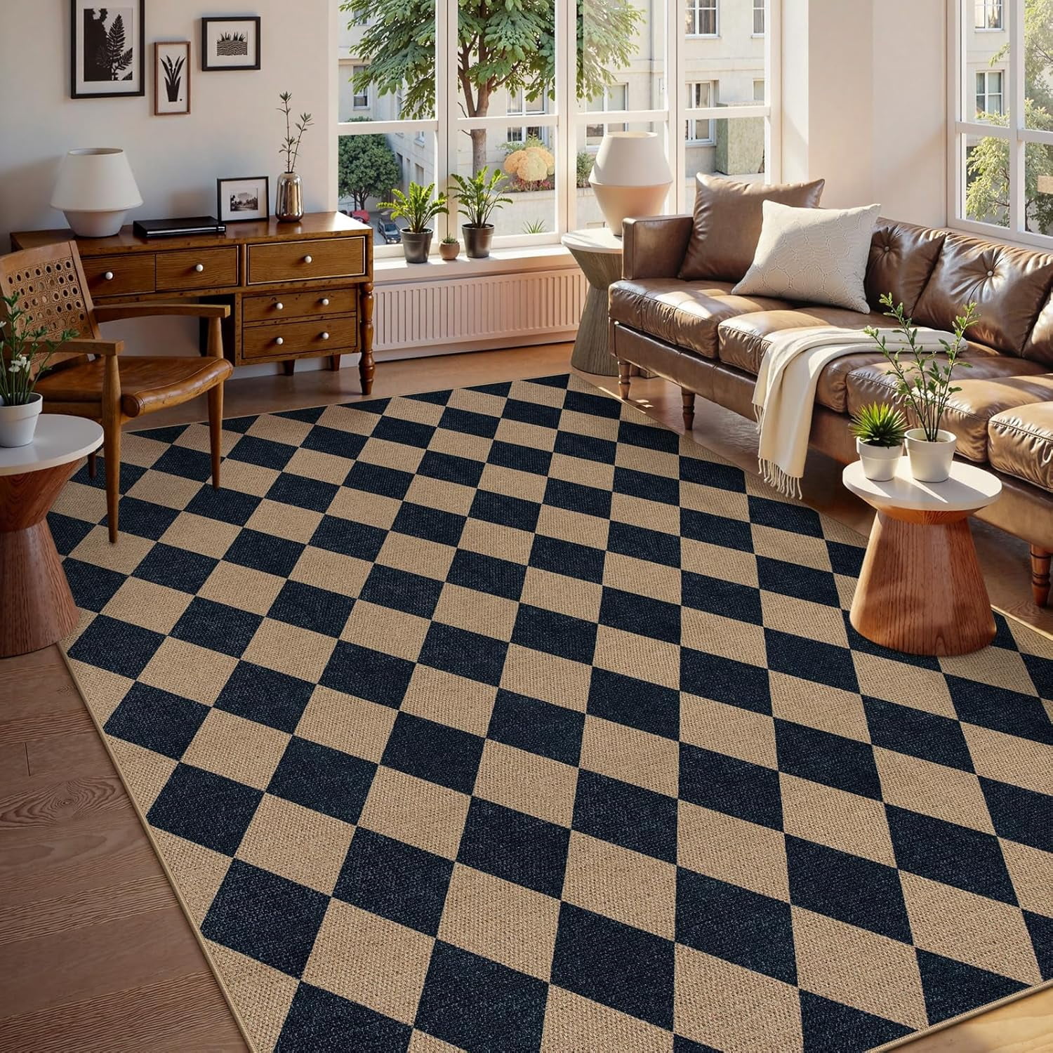 Checkered Easy Jute Carpet, Washable 8x10 Rugs for Living Room Outdoor ...