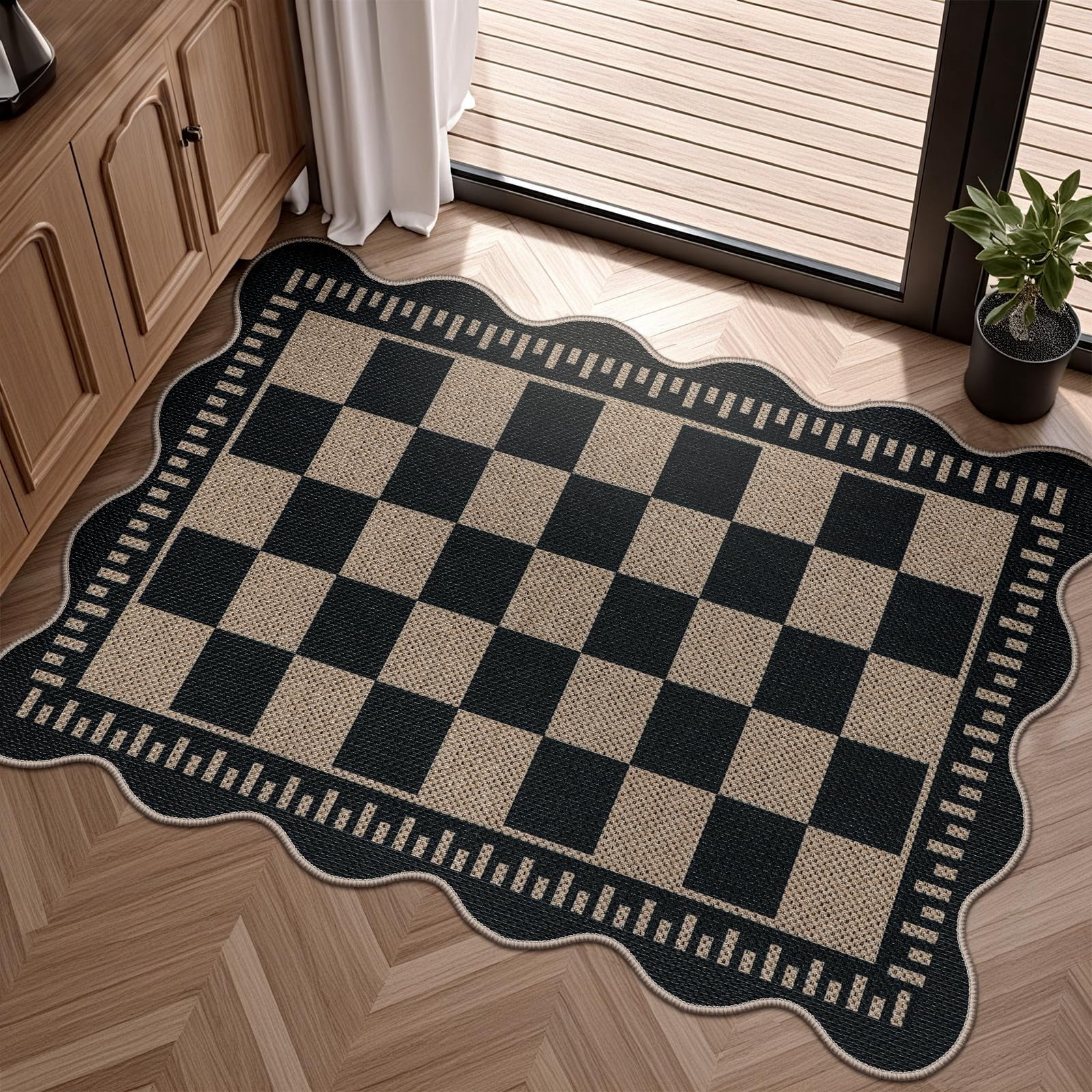 Checkered Easy Jute Entryway Rug  2x3 Washable Non Slip Kitchen Indoor Outdoor Door Mat Farmhouse Low Pile Floor Black Rugs For Porch Doorway