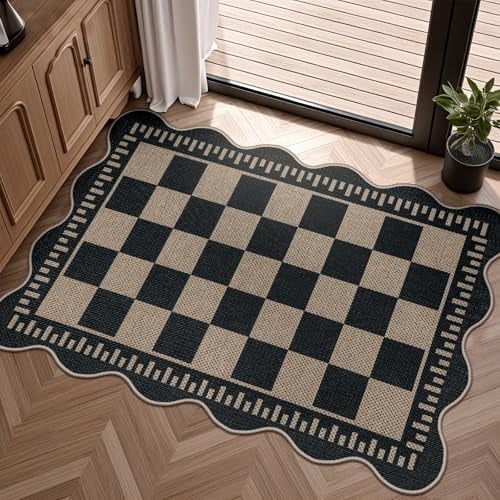Checkered Easy Jute Entryway Rug, 2x3 Washable Non Slip Kitchen Rug, Indoor Outdoor Door Mat, Farmhouse Low Pile Floor Black Rugs for Porch Doorway