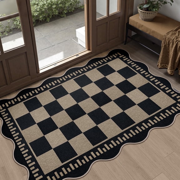 Checkered Easy Jute Front Door Mat  2.6x4 Washable Entryway Rug Non Slip Small Kitchen Farmhouse Low Pile Floor Scalloped Rugs For Doorway Porch Bathroom