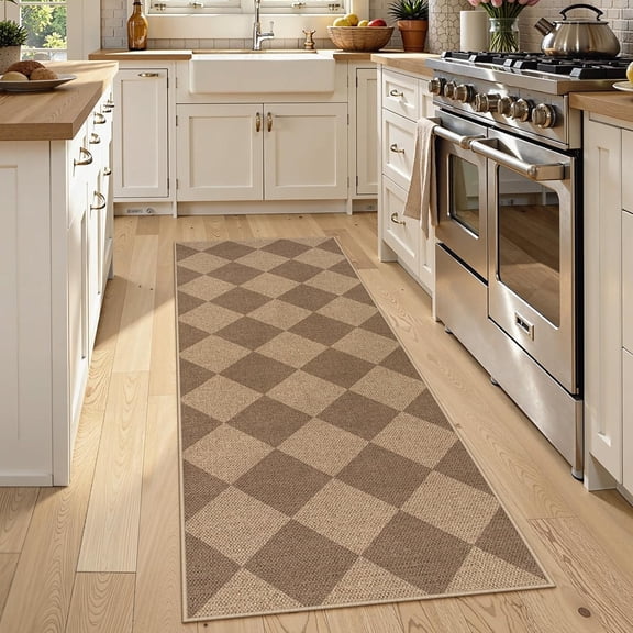 Checkered Easy Jute Runner Rug, 2x6 Kitchen Mats for Floor Non Slip Washable Entryway Runner, Checkerboard Nature Indoor Outdoor Carpet for Hallway 6ft Entry