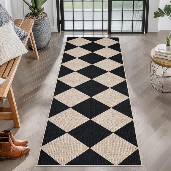 Check Rug Hallway Checkered Easy Jute 4x6 Outdoor Patio Rug Washable Indoor Black Kitchen ...