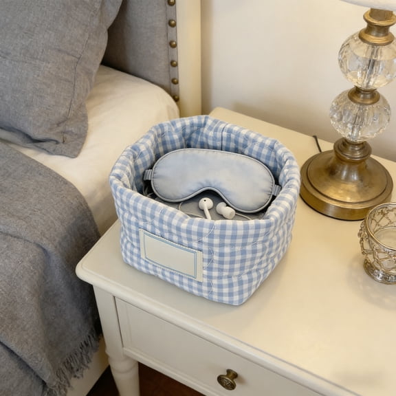 Checkered Fabric Storage Basket Small Desktop Organizer Bin Plaid Cosmetic Holder for Makeup Toiletries Desk Supplies Keys Entryway Drawer Countertop