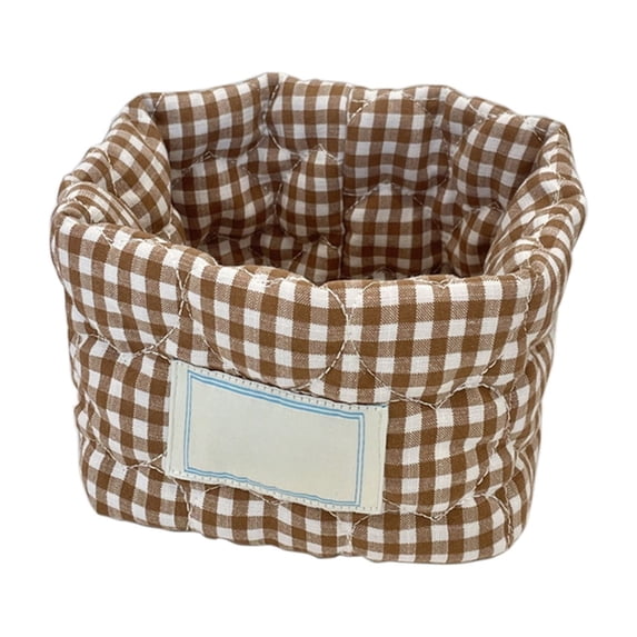 Checkered Fabric Storage Basket, Small Desktop Organizer for Cosmetics and Toiletries, Cotton-Padded Mini Bin for Bathroom and Vanity, Decorative Tidy Tray for Desk and Countertop, Home Decor Basket