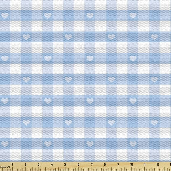 Ambesonne Checkered Fabric by the Yard Upholstery, Gingham with Hearts, 10 Yards, Pale Blue White