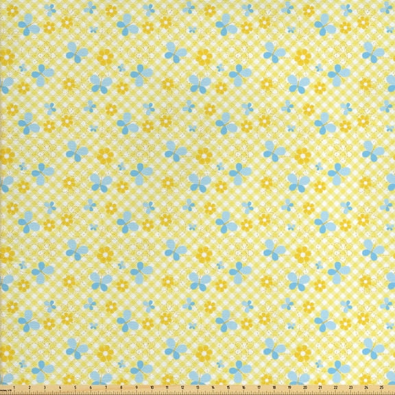 Ambesonne Checkered Fabric by the Yard Upholstery, Daisy Butterfly, 5 Yards, Pale Blue Pale Blue