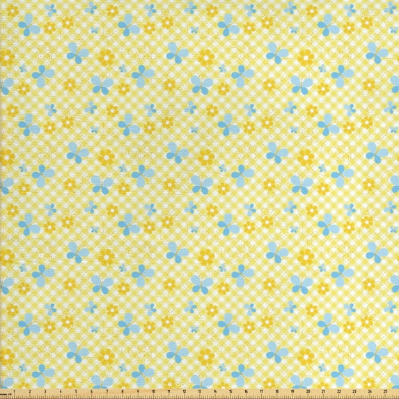 Ambesonne Checkered Fabric by the Yard Upholstery, Daisy Butterfly, 3 Yards, Pale Blue Pale Blue