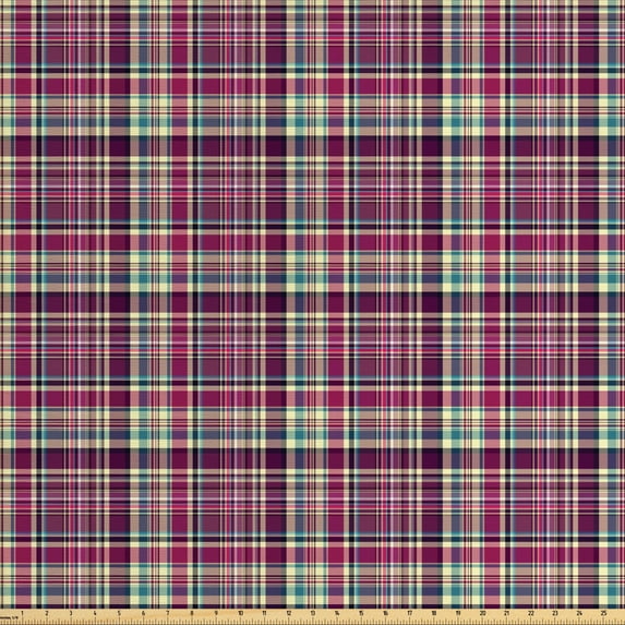 Ambesonne Checkered Fabric by the Yard Upholstery, Vintage Purple Retro, 2 Yards, Cream Blue Purple
