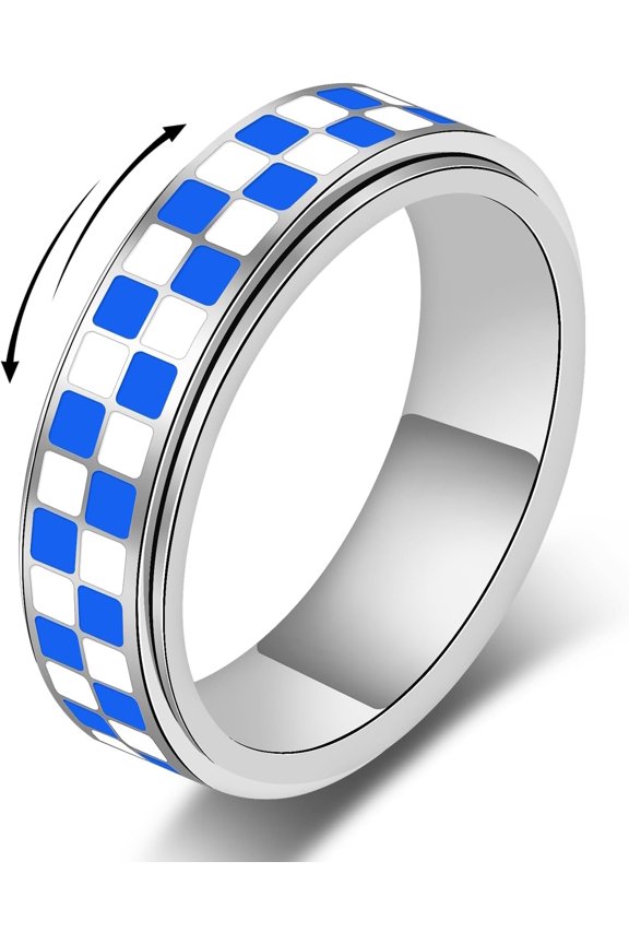Checkered Fidget Ring For Women - Blue Chessboard Design Band Rings & Stacking Spinner Rings, Stainless Steel Spinning Ring Anti- for Adults