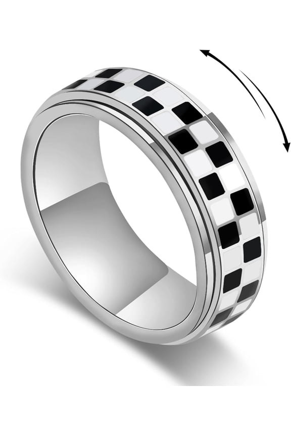 Checkered Fidget Ring for Men - 8mm 18K Gold Plated Stainless Steel Anxiety Spinner Jewelry for Adults, Modern Black and White Checkerboard Roating Ring for Stress Relief Gift for Men Women