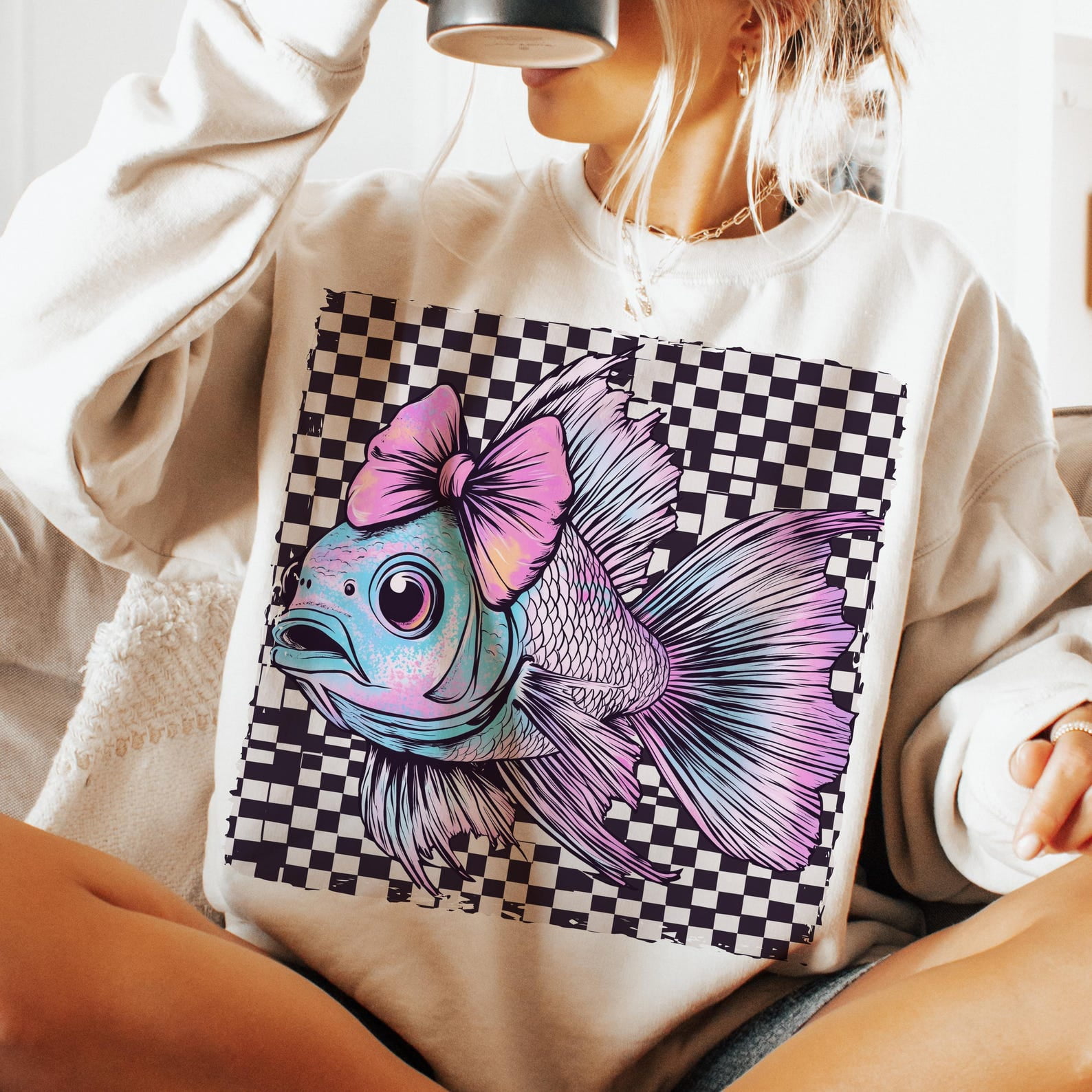 BLUE84 Fish Print Half-Zip Sweatshirt, Women's Size L cotton pink type Vintage Second Hand