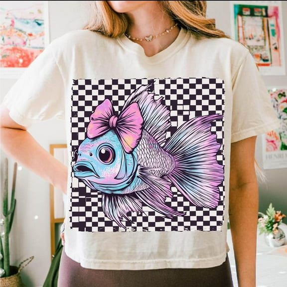Checkered Fish Summer T-Shirt, Coquette Beach Shirt, Retro Summer Tee, Hello Summer Shirt, Summer Brushstroke Design