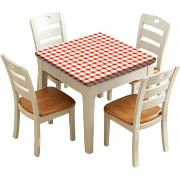 Checkered Fitted Polyester Tablecloths Square, White Red Plaid Elastic Edge Decorative Table Cover, Oil & Dust Proof Washable Table Clothes, For Indoor Picnic BBQ Tablecloth Use, Fits 36"x36" Table