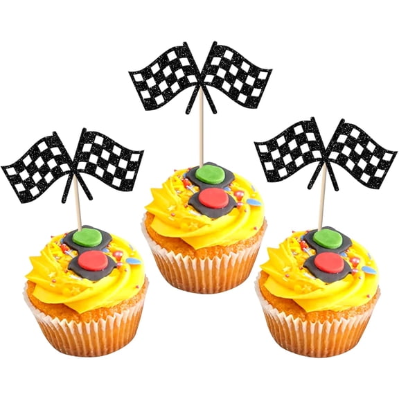 Checkered Flag Cupcake Toppers, 12 PCS Glitter Black Racing Flag Cupcake Picks for Race Car Theme Birthday Party Decorations