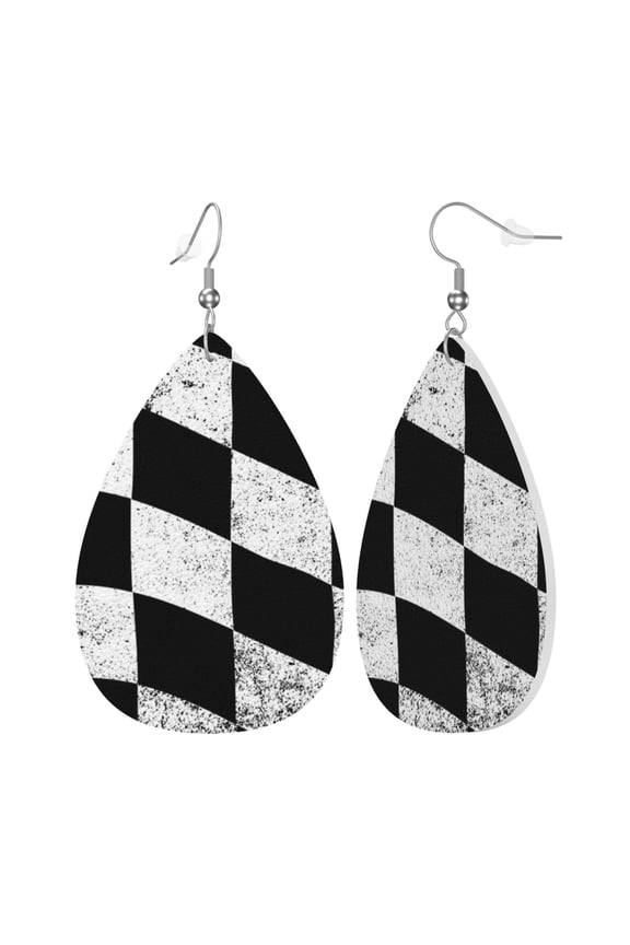 Checkered Flag Leather Teardrop Earring Lightweight Drop Earrings For Women