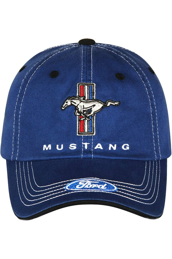 Checkered Flag Men's Ford Mustang Cap Tri-Bar Pony Adjustable Blue Hat