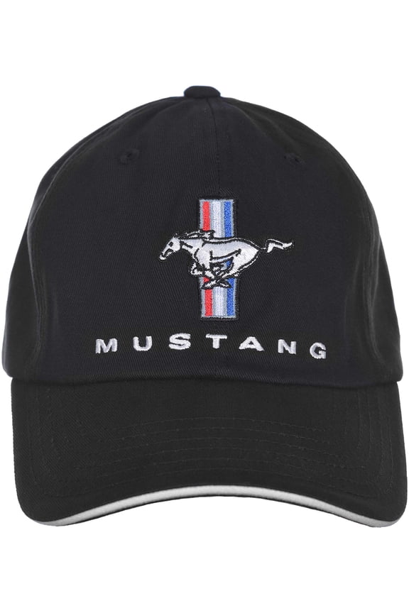 Checkered Flag Mens Ford Mustang Classic Tri-Bar Pony Logo Adjustable Black Fabric Cap