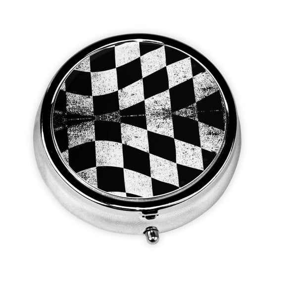 Checkered Flag Pill Case Pill Box Round 3 Compartment Small Pill Organizer For Purse Or Pocket Small Roud Pill Box
