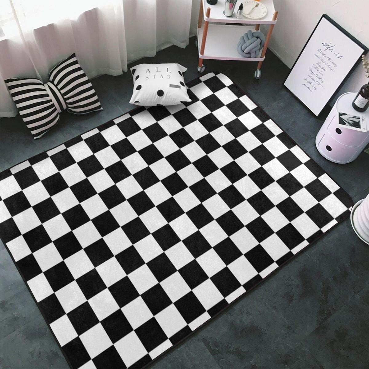 Black and White Geometric Checkered Synthetic Area Rug