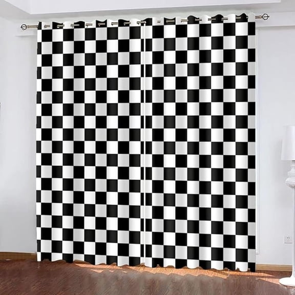 Checkered Flag Racing Blackout Curtains, Black And White Abstract Geometric Grid 3D Printed Drapes, Grommet Darkening Window Curtain For Living Room Bedroom Kitchen Cafe 26"W x 45"L (Pack of 2)
