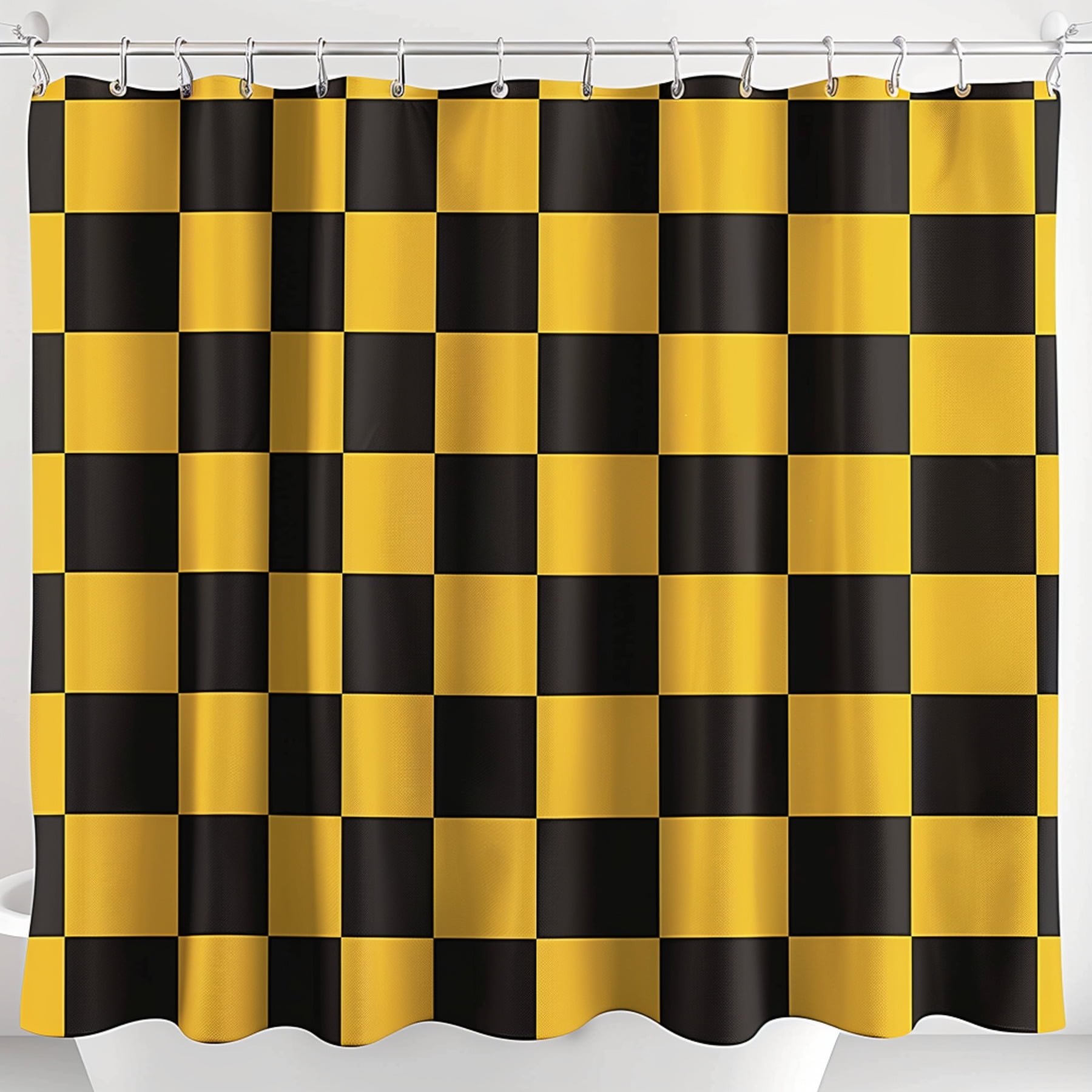 Checkered Flag Racing Shower Curtain Black and Yellow Design Ultra