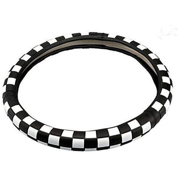 Checkered Flag Style Leather Steering Wheel Cover Universal 15 Inch, Black White
