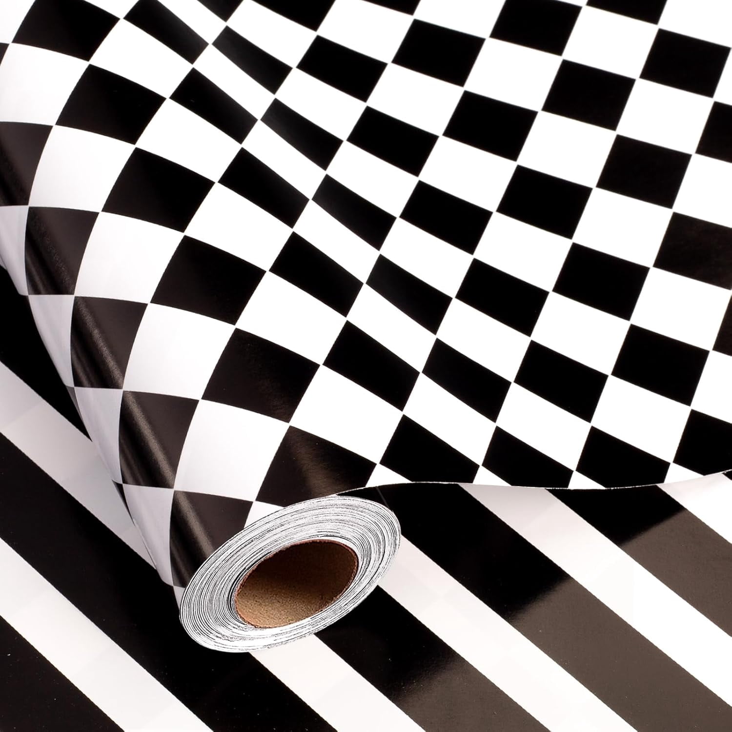 Checkered Flag Wrapping Paper Roll - Black and White Diamond & Stripe ...