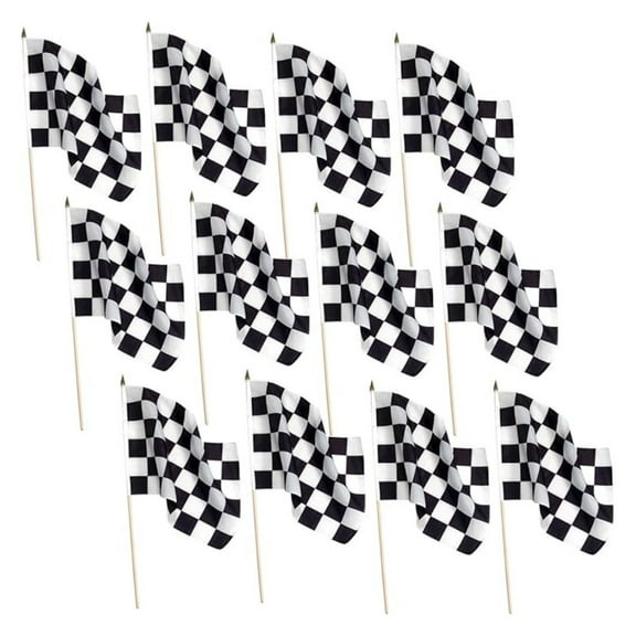 Checkered Flags 12x18 Inch - 12 Pack Decorative Flags on Wood Sticks - Black and White Checkered Racing Flags for Events, Parties, Photo Booths