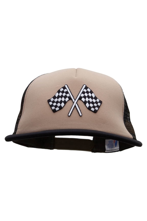 Checkered Flags Racing Patched Flat Bill Foam Camo Mesh Trucker Cap - Khaki Black OSFM