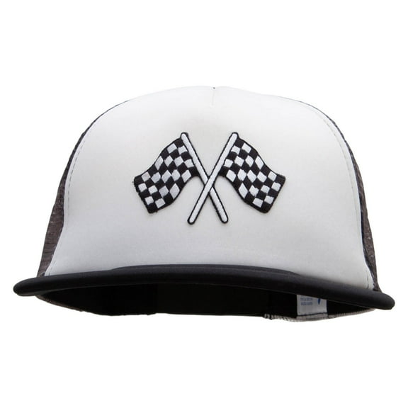 Checkered Flags Racing Patched Flat Bill Foam Camo Mesh Trucker Cap - White City OSFM