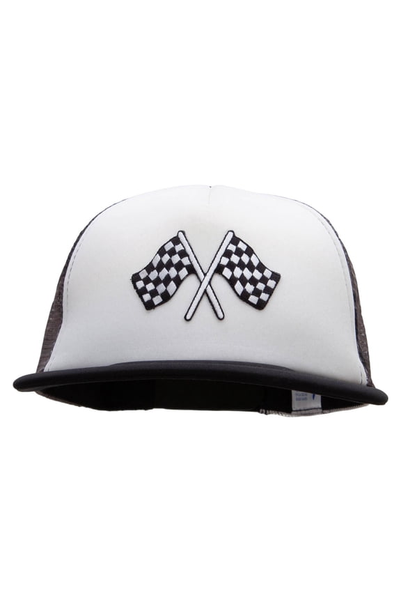 Checkered Flags Racing Patched Flat Bill Foam Camo Mesh Trucker Cap - White City OSFM