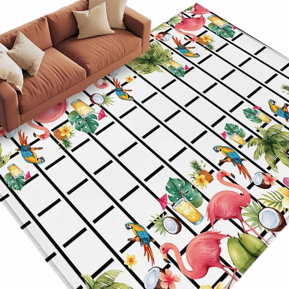 Checkered Flamingos Area Rug 6x9 Washable Rug Non Slip Tropical Summer Botanical Fruits Large Area Rug Soft Stainresistant Indoor Floor Carpet for Living Room Bedroom Home Office Dining Room Nursery