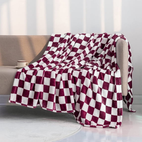 Checkered Flannel Blanket - Wine Polyester, Cozy Sofa Throw, All-season ...