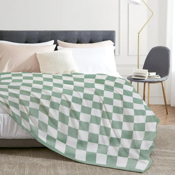 Checkered Flannel Throw Blanket for Women, Sage Green Checkered Throw Blanket from Family Friends, Checkerboard Blankets for Couch Bed Camping Picnic Travel Party Decor 50""x60""