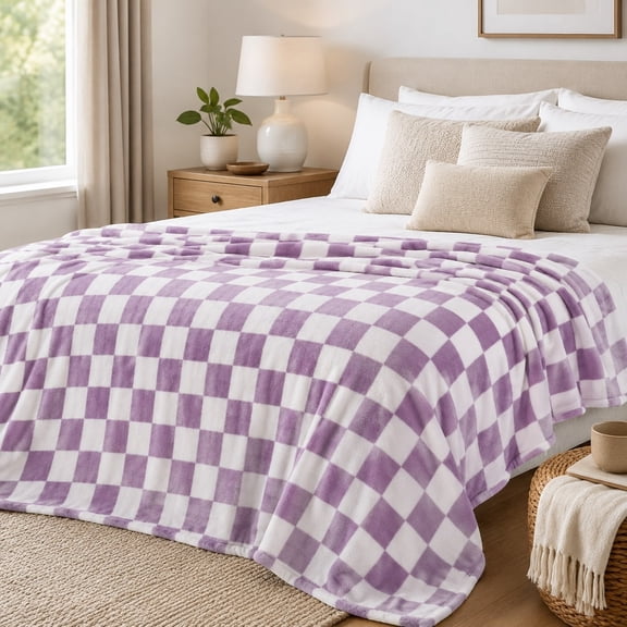 Checkered Fleece Throw Blanket, Soft Cozy Purple Grid Gingham Plush Blanket for Couch Sofa Bed, All Seasons