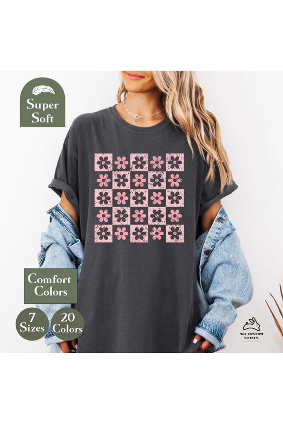 Checkered Floral Distressed Retro Flowers Boho Style T-Shirt All Size S-3XL