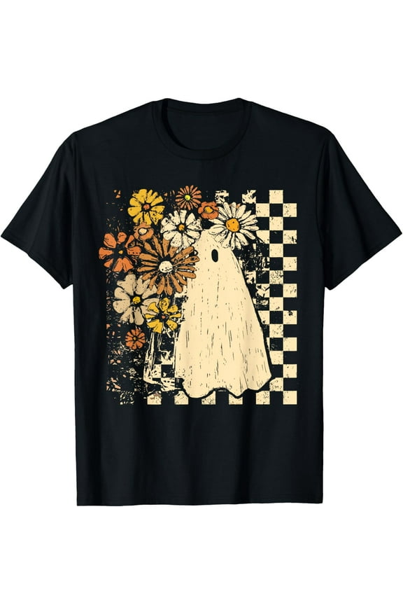 Checkered Floral Ghost Halloween Girl Halloween Costume T-Shirt