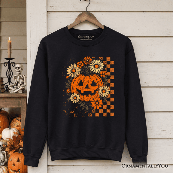 Checkered Floral Pumpkin Sweatshirt, Retro Preppy Halloween Sweater for Spooky Season Vibes
