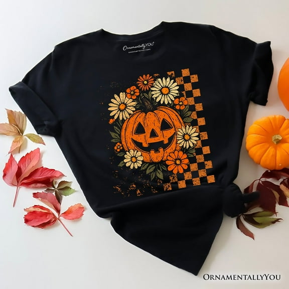 Checkered Floral Pumpkin T-Shirt, Retro Preppy Halloween Tee for Spooky Season Vibes