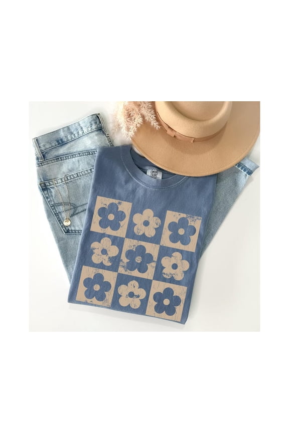 Checkered Floral Retro Boho Style T-Shirt All Size S-3XL