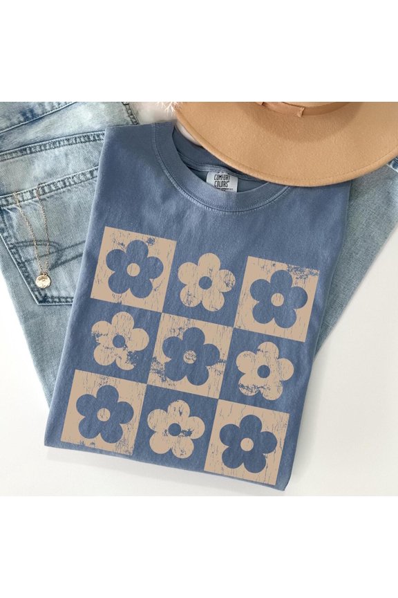 Checkered Floral Retro Boho Style T-Shirt All Size S-3XL