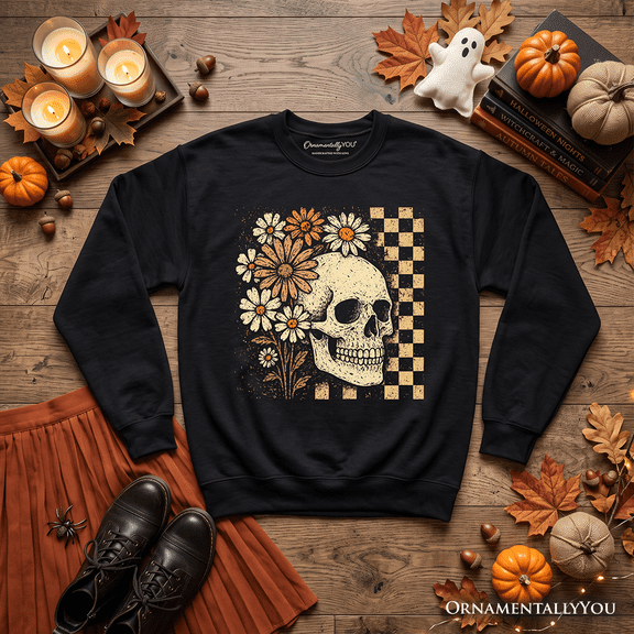 Checkered Floral Skeleton Sweatshirt, Vintage Skull Daisy Halloween Sweater